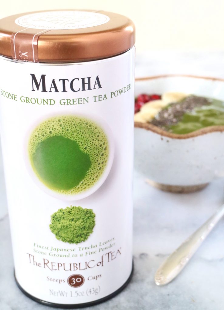 Container of matcha green tea powder