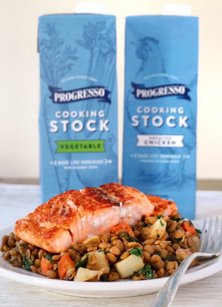Seared Salmon with Veggieful Lentils featuring Progresso Cooking Stock