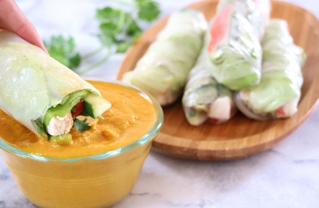 tofu spring rolls with carrot ginger sauce