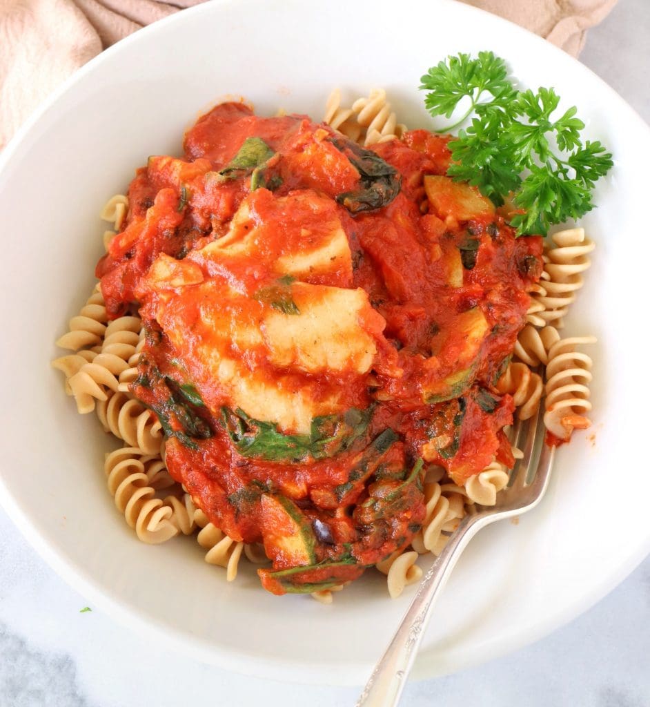 Mediterranean Cod with Rotini + Ragu Homestyle Pasta Sauce