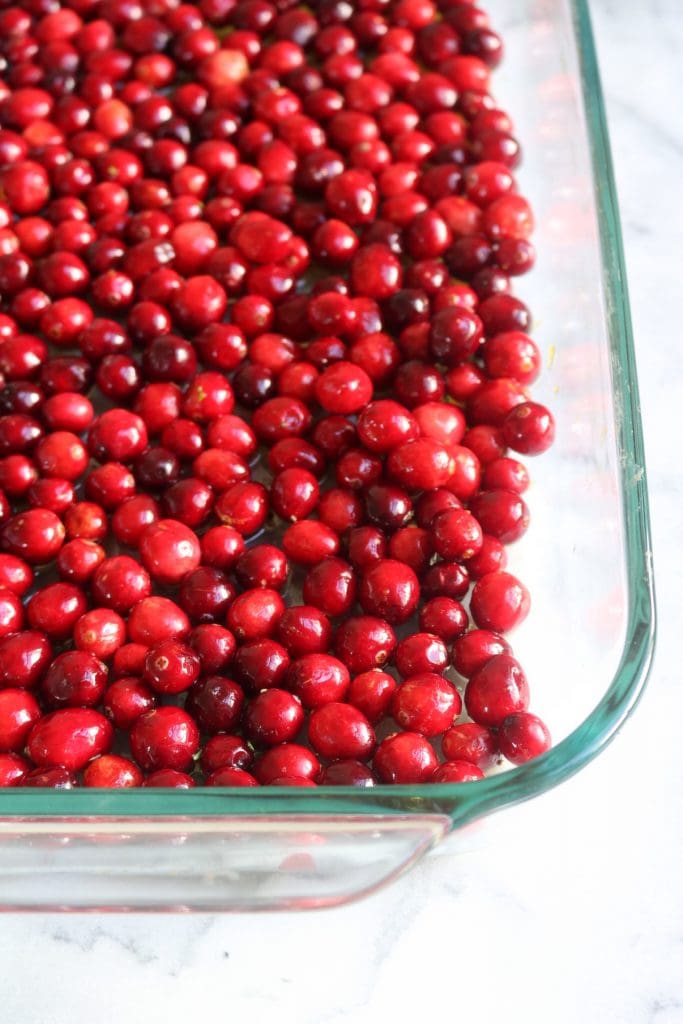 Cranberries in clear, glass baking dish