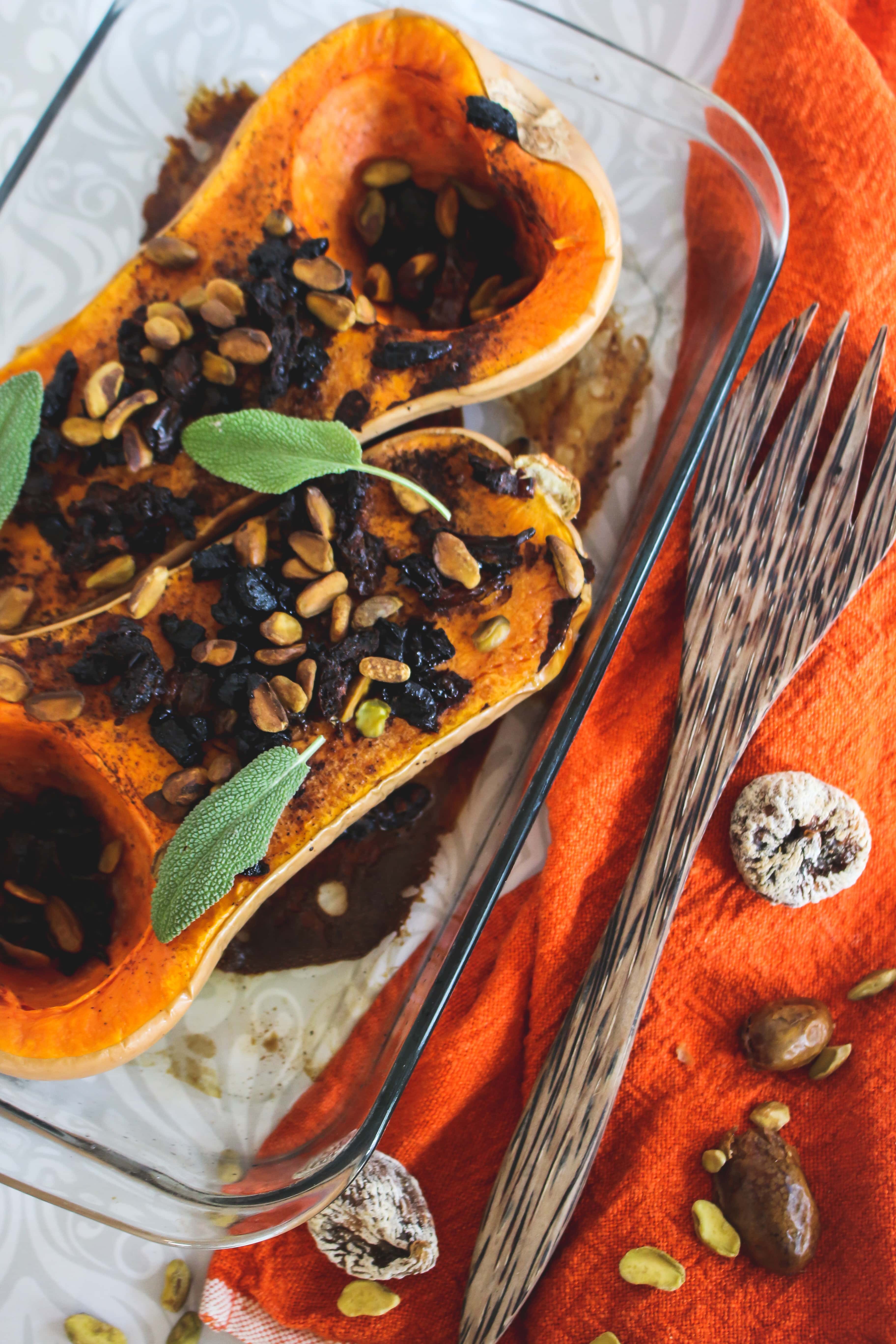 roasted butternut squash with dates, figs, and pistachios