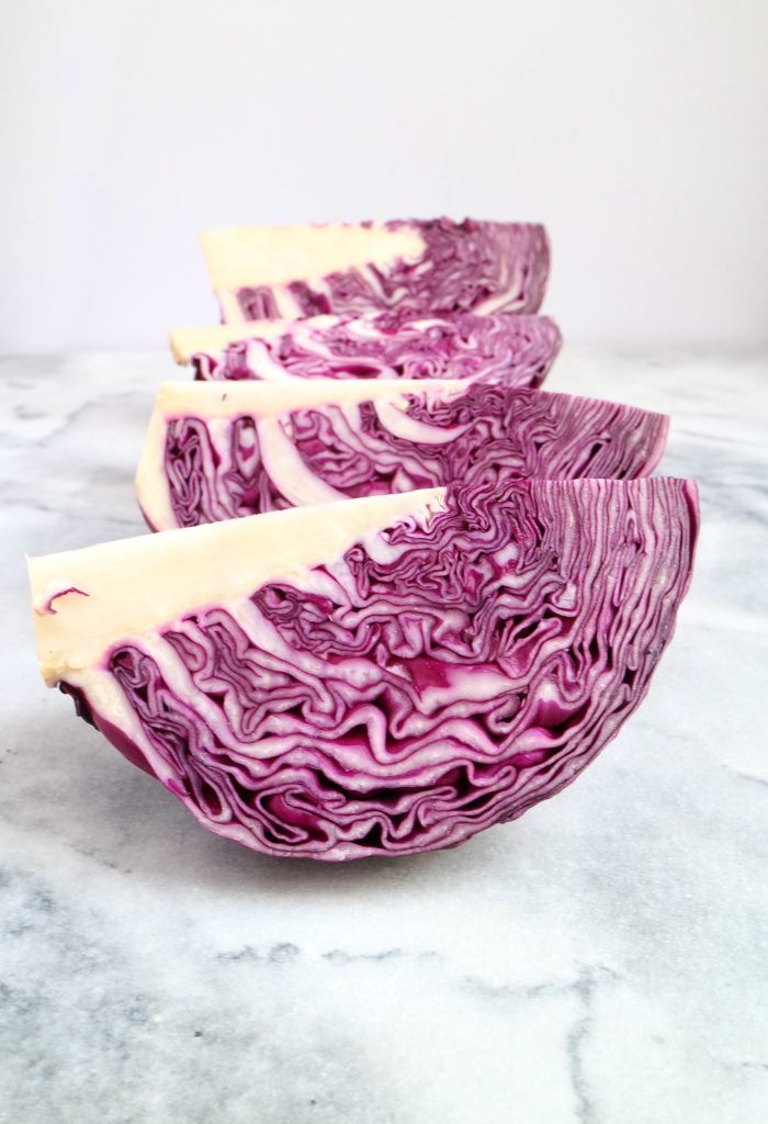 Red cabbage cut into wedges