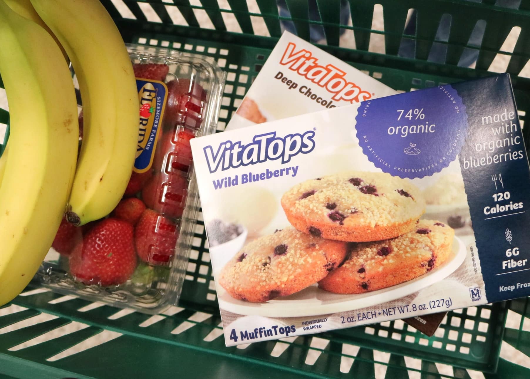VitaTops muffin boxes in grocery shopping basket