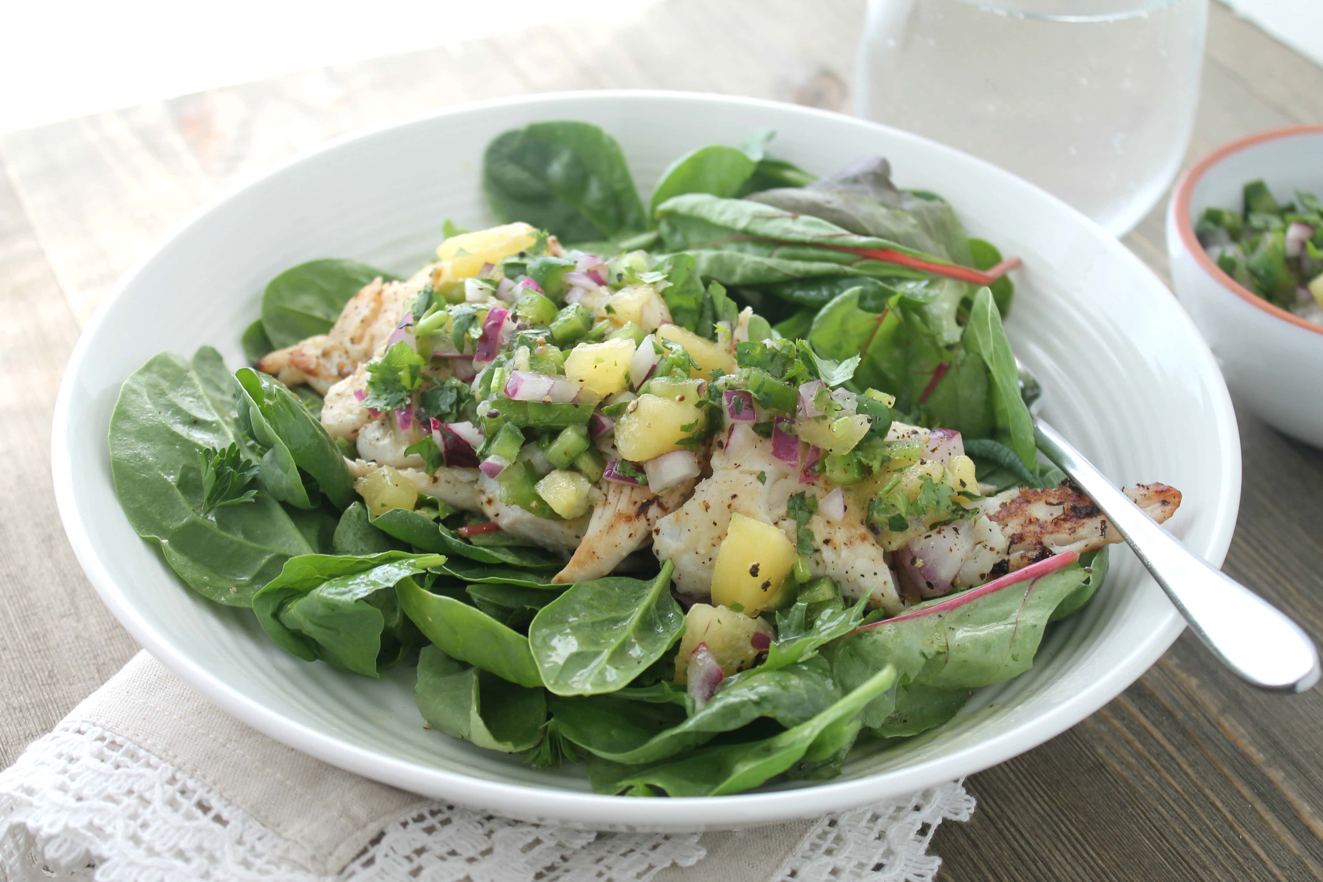 Grilled Haddock Salad with Kiwi Lime Cilantro Salsa