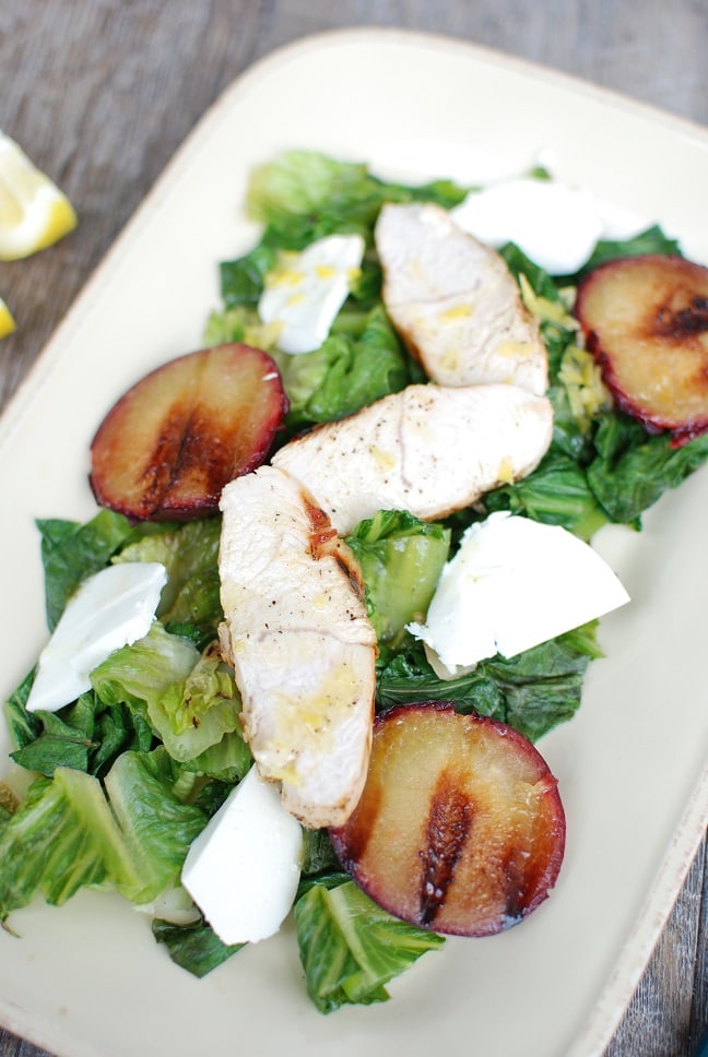 Grilled Lettuce Salad with Turkey, Plums, and Mozzarella