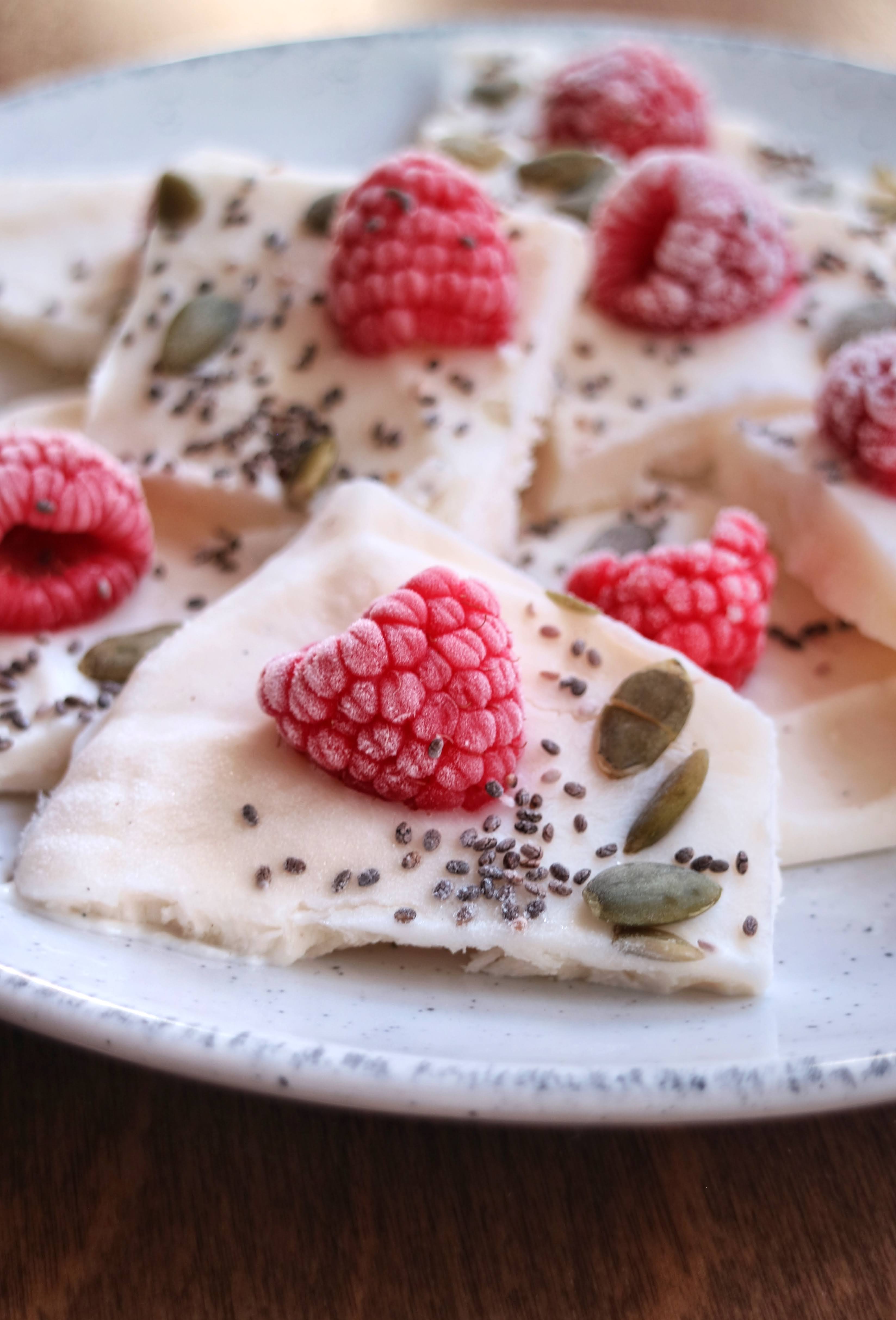 close up shot of frozen yogurt bark on a plate