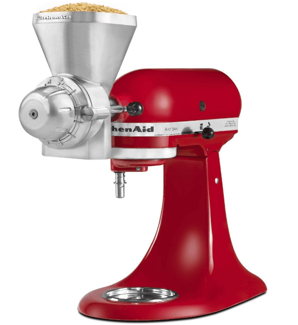 Kitchen Aid grain mill attached to red Kitchen Aid stand mixer